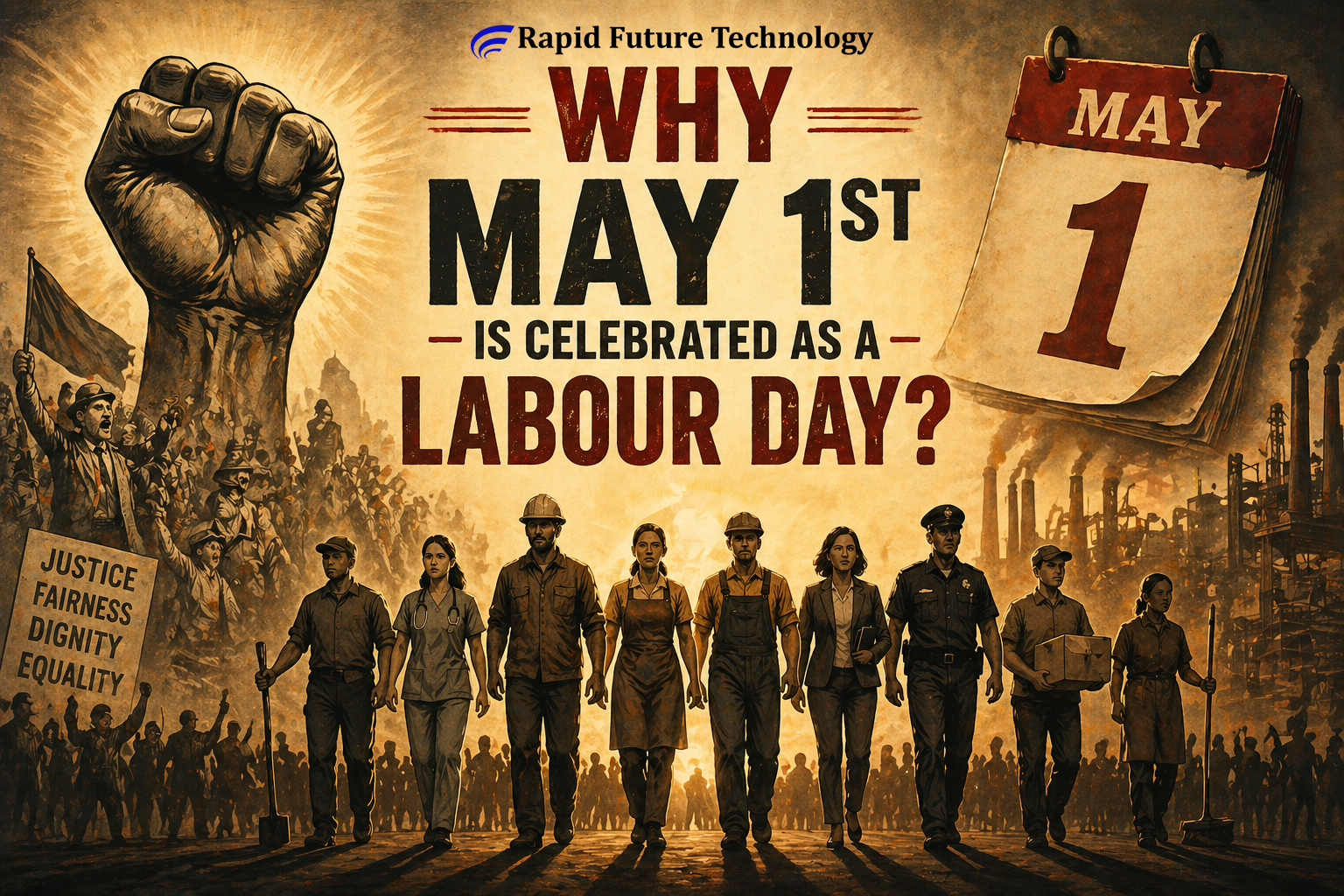 Why May 1 is celebrated as Labour Day poster showing workers protest background, industrial revolution scene, and Haymarket Affair concept in vintage style